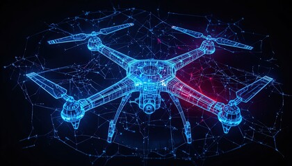 Futuristic Blue Neon Drone Illustration on a Network of Light