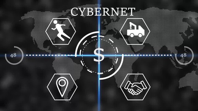 cybernet Futuristic global business finance HUD interface with dollar sign in center, world map background and line icons for logistics, partnership, location and activity. Digital economy,