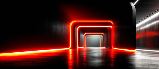 Red Neon Tunnel: Captivating scene of a glowing neon tunnel, radiating with an inviting red hue. It evokes a futuristic atmosphere with its sleek design. 