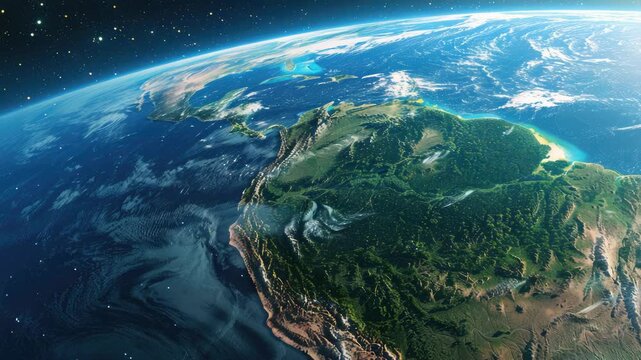 A detailed of a world map on the backdrop of space with stars and planets visible.