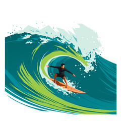 Artistic illustration of a surfer riding inside a massive wave barrel, surrounded by swirling water shapes and a clean background that highlights movement and speed.