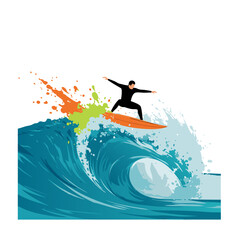 Stylized illustration of a surfer jumping above a crashing wave, with splashing water and bold colors, set on a simple background emphasizing action and excitement.
