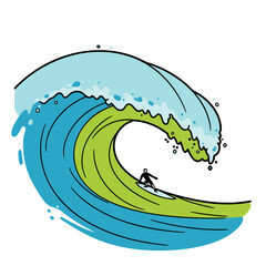 Dynamic illustration of a powerful ocean wave curling inward with a surfer riding inside, set against a clean minimal background, expressing motion, energy, and surf culture.