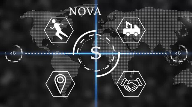 nova Futuristic global business finance HUD interface with dollar sign in center, world map background and line icons for logistics, partnership, location and activity. Digital economy,