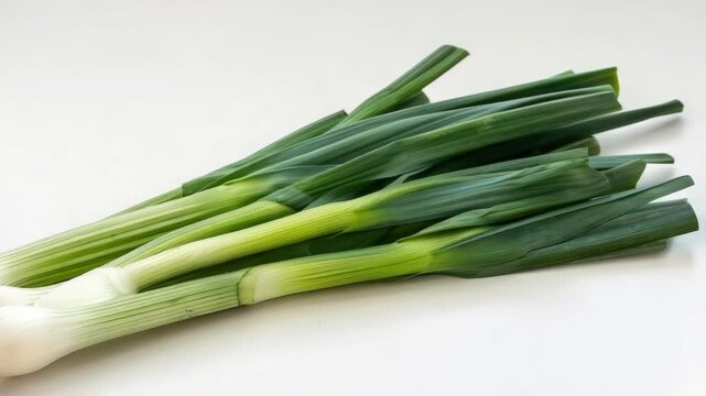 A close-up of a fresh bunch of onions with their white and green skin.