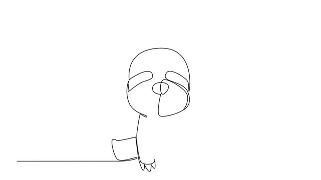 Animated self drawing of single line drawing of a small, cute baby sloth sitting down, representing slowness, and tropical wildlife. Concept Tropical Wildlife Day. Full length one line animation