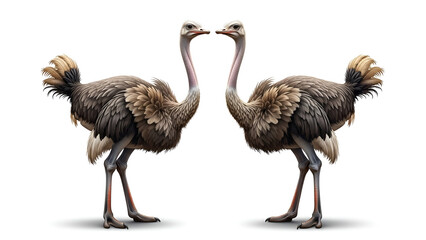 Fototapeta premium Two ostriches face each other in a symmetrical pose, showing their large bodies and fluffy feathers against a clean white background.