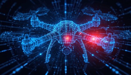 Digital Blueprint of Drone: Futuristic Technology Visualization of Unmanned Aerial Vehicle with Glowing Elements on Abstract Background