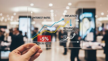 Hand holding graph with percentage, special offer of shopping department store discount and tax concept, adjusting interest rates, raising interest rates to fight inflation, returns on investments