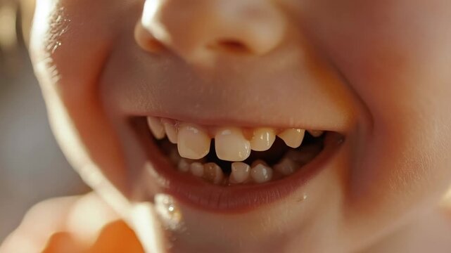 Joyful moment captured in of a young child smiling broadly with open mouth, showing missing tooth on upper right side. Warm tone.