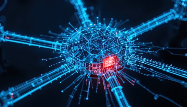 Futuristic Network Node Illustration with Glowing Blue Lines and Red Center - Powered by Adobe