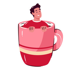 Huge coffee cup used as playful seat by smiling man in simple cartoon doodle style with warm cozy vibe. Vector illustration repeating the oversized coffee cup as a fun big coffee mug accent.
