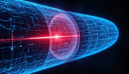 Digital Data Stream Illustration: Abstract Technology Tunnel with Red Core and Blue Circuitry Pattern on Black Background