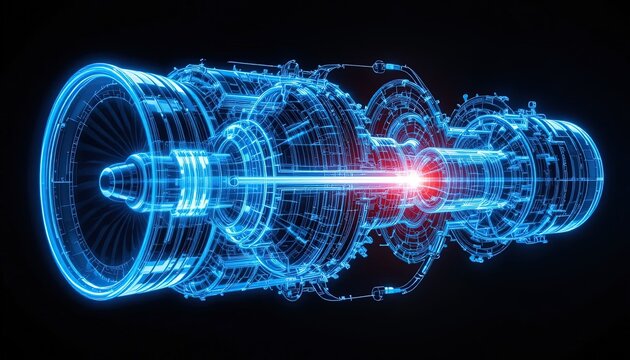 Blueprint Visualization: Modern Jet Engine Design with Illuminated Core on Black Background