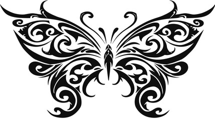 Detailed Black Tribal Butterfly Design. Ornate Graphic Element with Abstract Swirls on White Background.