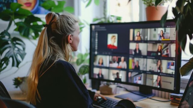 The features a woman engrossed in her work on a computer screen filled with multiple video clips, suggesting that she is in the process of editing or reviewing footage.