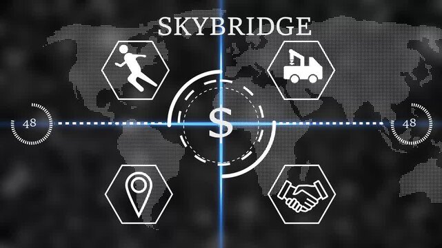skybridge Futuristic global business finance HUD interface with dollar sign in center, world map background and line icons for logistics, partnership, location and activity. Digital economy,
