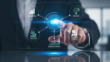 Closeup Businessman Hand touching CRM icon on digital interface with marketing, strategy, analytics, and customer success elements, representing customer relationship management and business growth