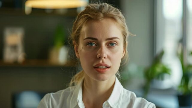 The shows a young woman with her eyes closed, appearing to be in a relaxed or meditative state. She has light-colored hair and is wearing what seems to be a collared shirt