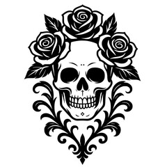 Luxurious vector of skull and rose. Symbolizes the balance between good and evil. Suitable for use on tattoos, logos, flags, t-shirts and stickers