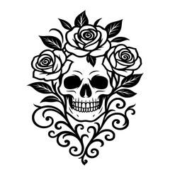 Luxurious vector of skull and rose. Symbolizes the balance between good and evil. Suitable for use on tattoos, logos, flags, t-shirts and stickers