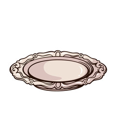Ornate serving tray plate with engraved decorative rim, oval vintage tableware, classic dish with detailed border, retro home kitchen object in traditional engraving style. Vector illustration