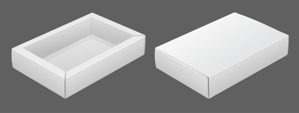 White paper packaging box mockup. Open and closed boxes in a sliding sleeve cover. Realistic. Vector 3D Illustration Isolated.