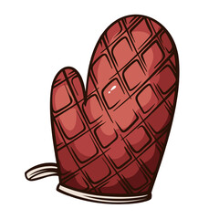 Oven glove with quilted texture and classic shape, kitchen textile accessory in vintage engraving style, detailed retro household object, monochrome line art, vector illustration.