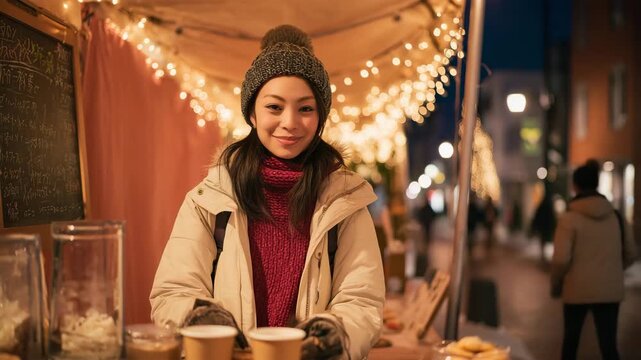 点灯街でチャリティーココアを提供する女性、冬の温かな活動