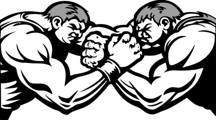 Two muscular men intensely arm wrestling, showcasing strength, competition, and challenge in a powerful black and white graphic illustration.