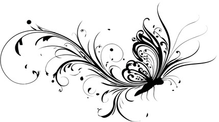 Abstract artistic black and white stylized butterfly vector design with intricate floral swirls and elegant decorative elements