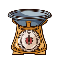 Classic kitchen scale with round metal tray and retro dial, traditional household weighing device in vintage engraving style, detailed kitchen equipment, monochrome line art, vector illustration.