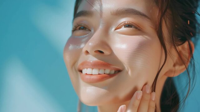 A young, attractive female with glowing skin, bright smile and eyes closed in bliss under sunlight.
