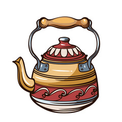 Classic kettle with metal lid, curved spout and arched handle, traditional kitchen cookware with decorative details, vintage engraving style, detailed household object. vector illustration