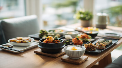 korean traditional meal table, korean home style food spread, authentic korean cuisine dining
