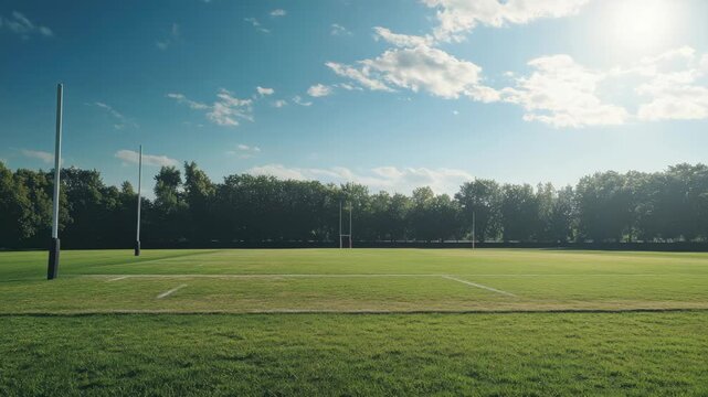 Bright day on grass field with goal posts marking soccer or rugby pitch.