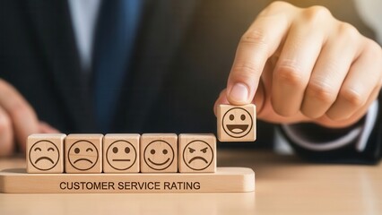 customer services best excellent business rating experience. Satisfaction survey concept. Hand of a Closeup Businessman Hand chooses a smile face on wood block circle. 5 Star Satisfaction