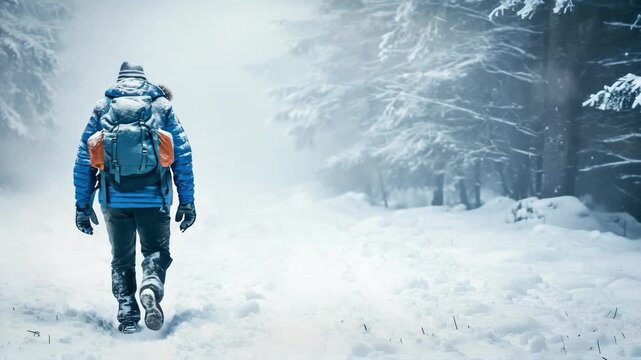 A hiker trudging through a snowy forest during wintertime.