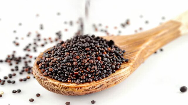 A bowl filled with black cumin seeds and a wooden spoon.