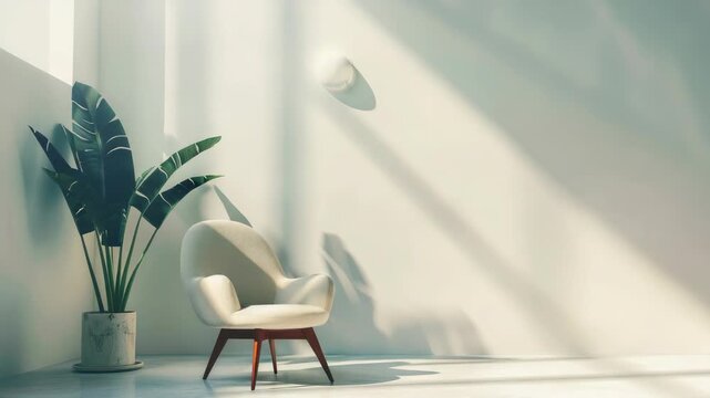 Modern minimalist living room with ample sunlight streaming in through large windows. A cozy white armchair is positioned for a comfortable view of the outdoors.