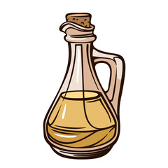 Glass oil bottle with cork stopper and handle, filled with cooking oil, classic kitchen container with smooth curves and retro look, vintage engraving style illustration. vector illustration