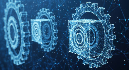 Abstract blue digital background with glowing particle networks, cubes and gears, representing technology connectivity and innovation. Concept design for modern solutions.