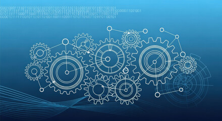 Detailed illustration of white gears and cogs on a blue technological background showcasing mechanical design, engineering concepts, and technical industry. Abstract and modern design.