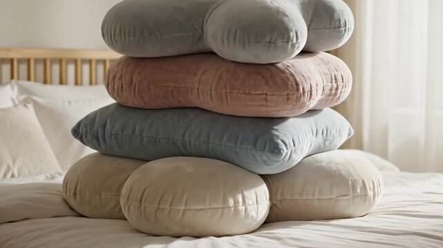 Cozy Bedroom Scene Featuring a Stack of Plush Pillows in Pastel Hues with Natural Light Streaming In Creating a Serene and Relaxing Atmosphere Perfect for Home Decor Inspiration