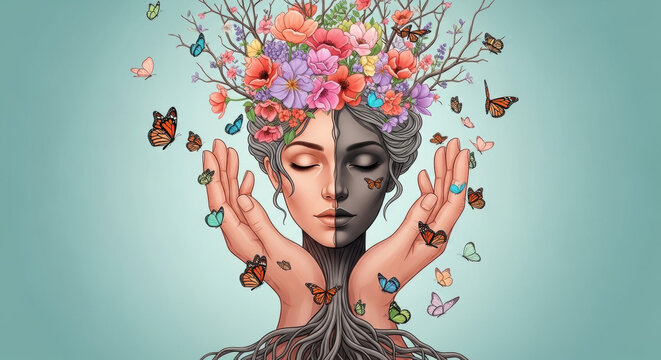 Abstract pixel art portrait of a woman adorned with flowers and butterflies. Her skin is split between color and grayscale. The light blue background and detailed pixelation gives creative feel.