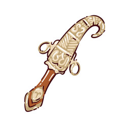 Moroccan curved dagger with carved handle and ornamental details. Traditional North African ceremonial weapon, arabic cultural symbol, travel to Morocco, cartoon doodle style, vector illustration.