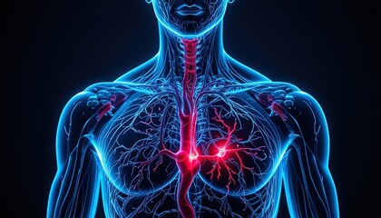 Human upper body circulatory system highlighted with focal point indicating internal distress