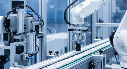 Automated assembly line features a robotic arm, precise manufacturing and advanced technology, streamlining industrial production in a modern factory setting.