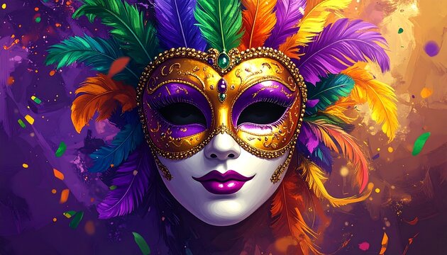 A vibrant artistic depiction of a golden, jewel-adorned Venetian mask with colorful, fluffy feathers against a radiant backdrop