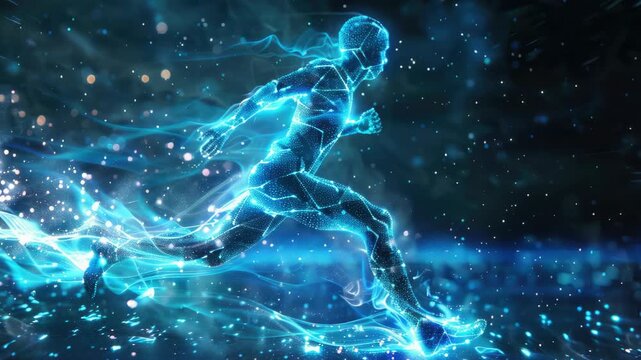 The depicts a highly stylized athlete in mid-stride, with an abstract and energetic backdrop. The runner is outlined against a vibrant blue cosmic scene
